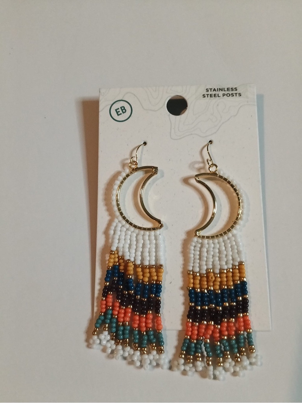 Gold Crescent Moon Beaded Fringe Earrings - White, Gold, Navy & Coral